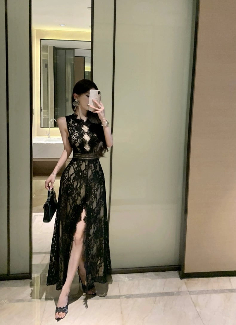 【dress】バックオープンスリットレースワンピース　M32516
