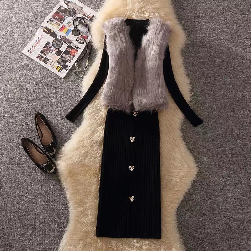 【set】セットベスト+セーター+スカート3点セットアップF1291