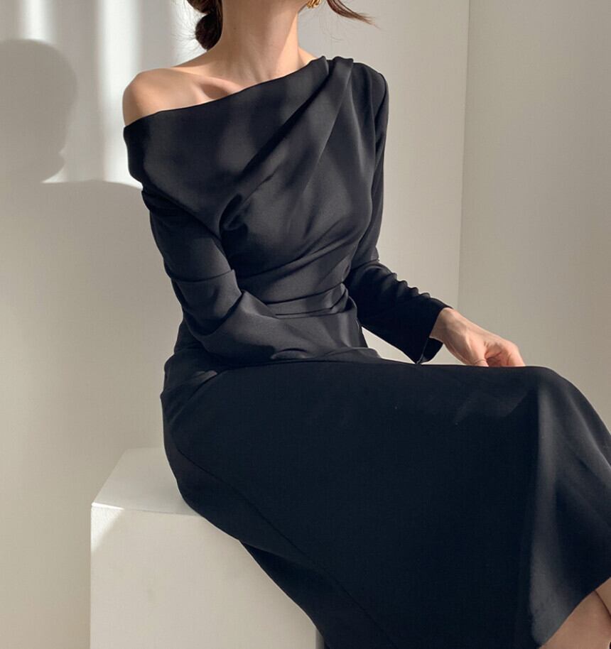 【dress】エレガント気質満点シンプル不規則着痩せハイウエスト長袖ワンピース G2964