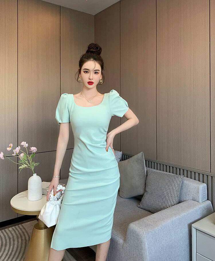 【dress】一目惚れ！韓国風INS風OL通勤スクエアネック半袖パフ袖スリット無地タイトワンピースF2364