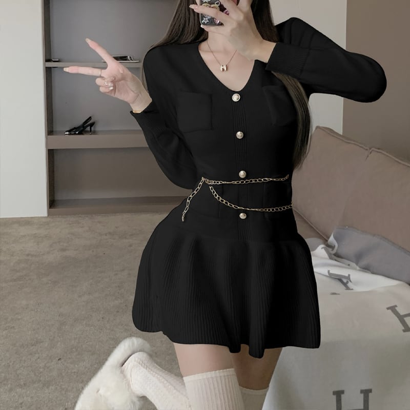 【dress】チェーン付きニットワンピース Q7579