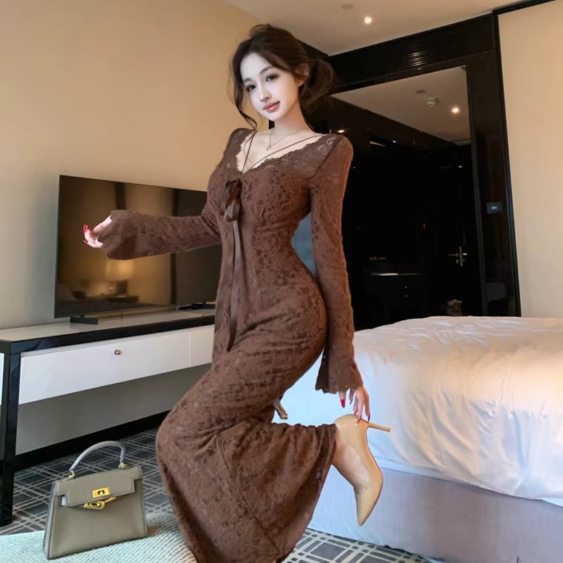 【dress】胸パット付きロングレースワンピース Q8167