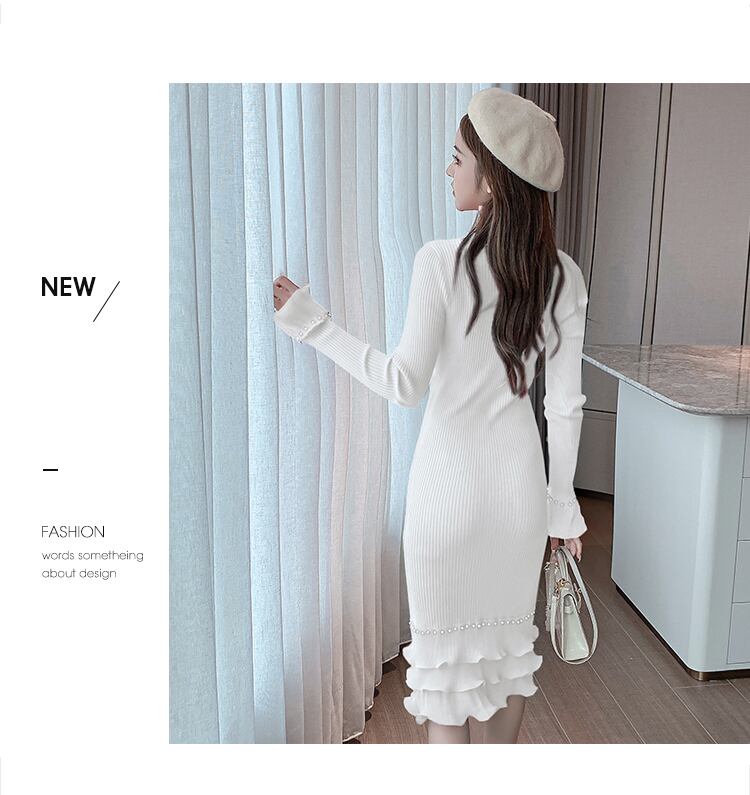 【dress】エレガント!気質満点レトロ体型カバー秋冬新作フリルニットワンピース G3729