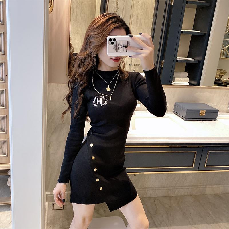 【dress】長袖体型カバーニットワンピースF8344