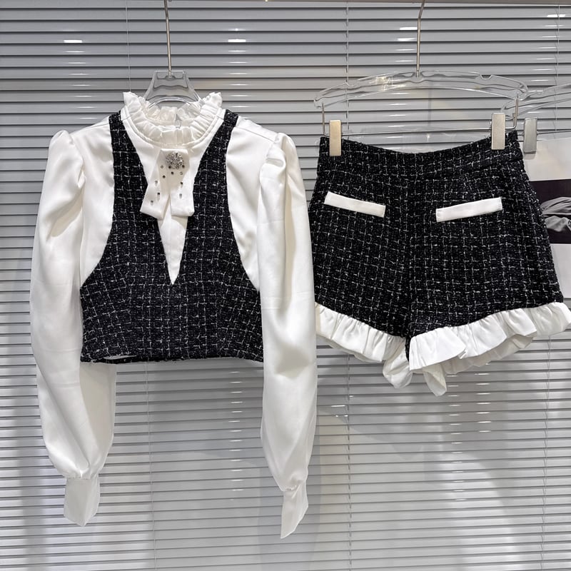 【set】フェイクレイヤードシャツ×ギャザーフリルショートパンツセット Q7571