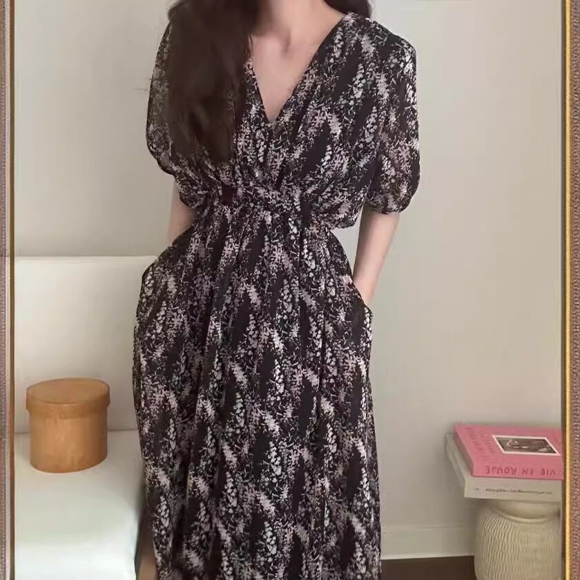 【dress】Vネック花柄パフスリーブワンピース G20746