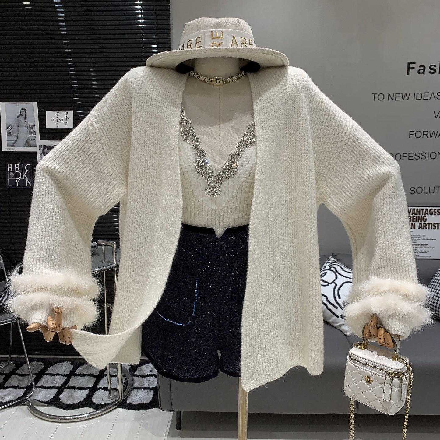 【set】袖ファーカーディガン×ビジュー付きタンクトップニットセット　N2925