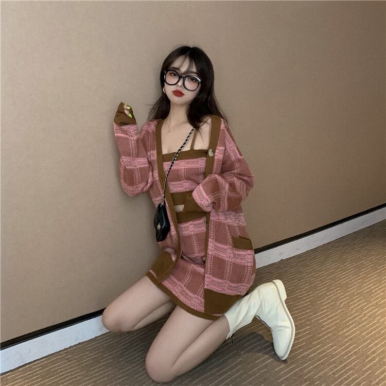 【set】好感度UP!気質満点スウィートカーディガン+キャミソール+スカートオシャレ3点セット G2816