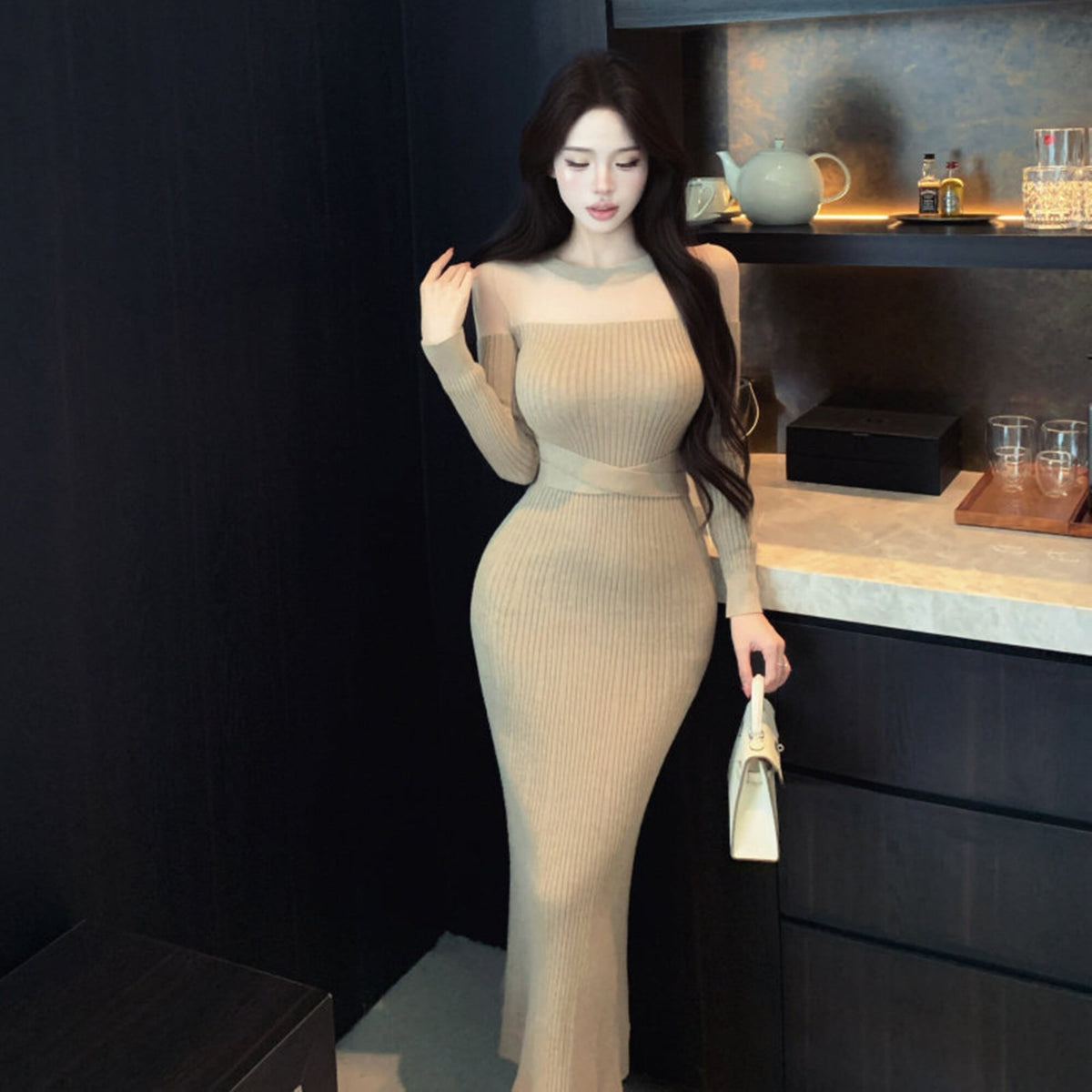 【dress】透け感マーメイドニットワンピース　N3517
