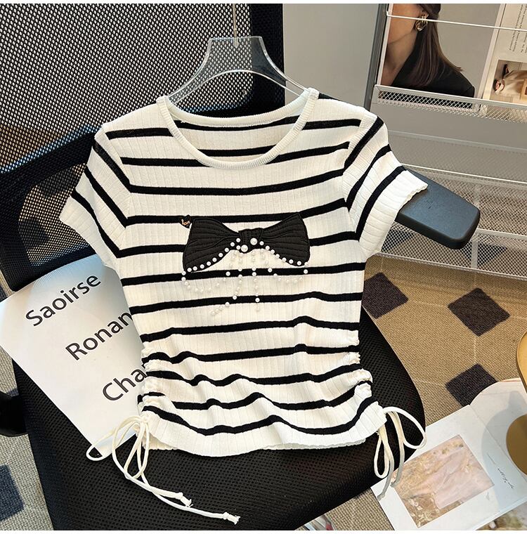 【tops】ビーズリボンニットTシャツG21546