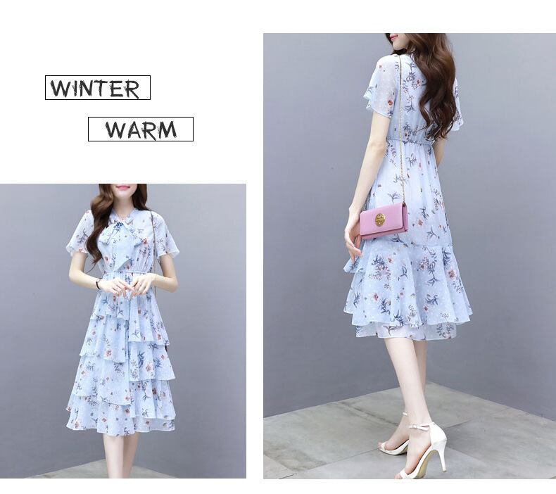 【dress】清新スウィート〜タイカラーフレアスリーブ韓国風ギャザー花柄ワンピースF0296