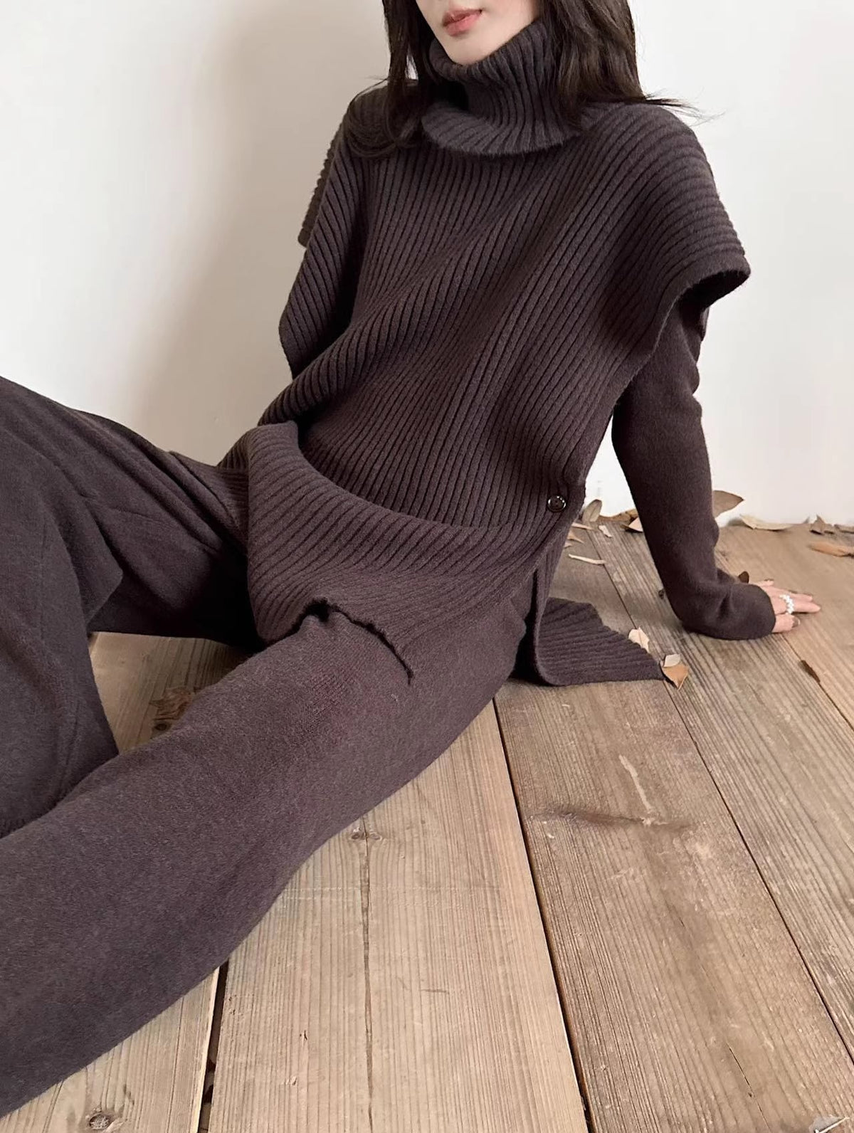 【set】ハイネックケープ×ニットトップス×ワイドパンツ3点セット Q7271