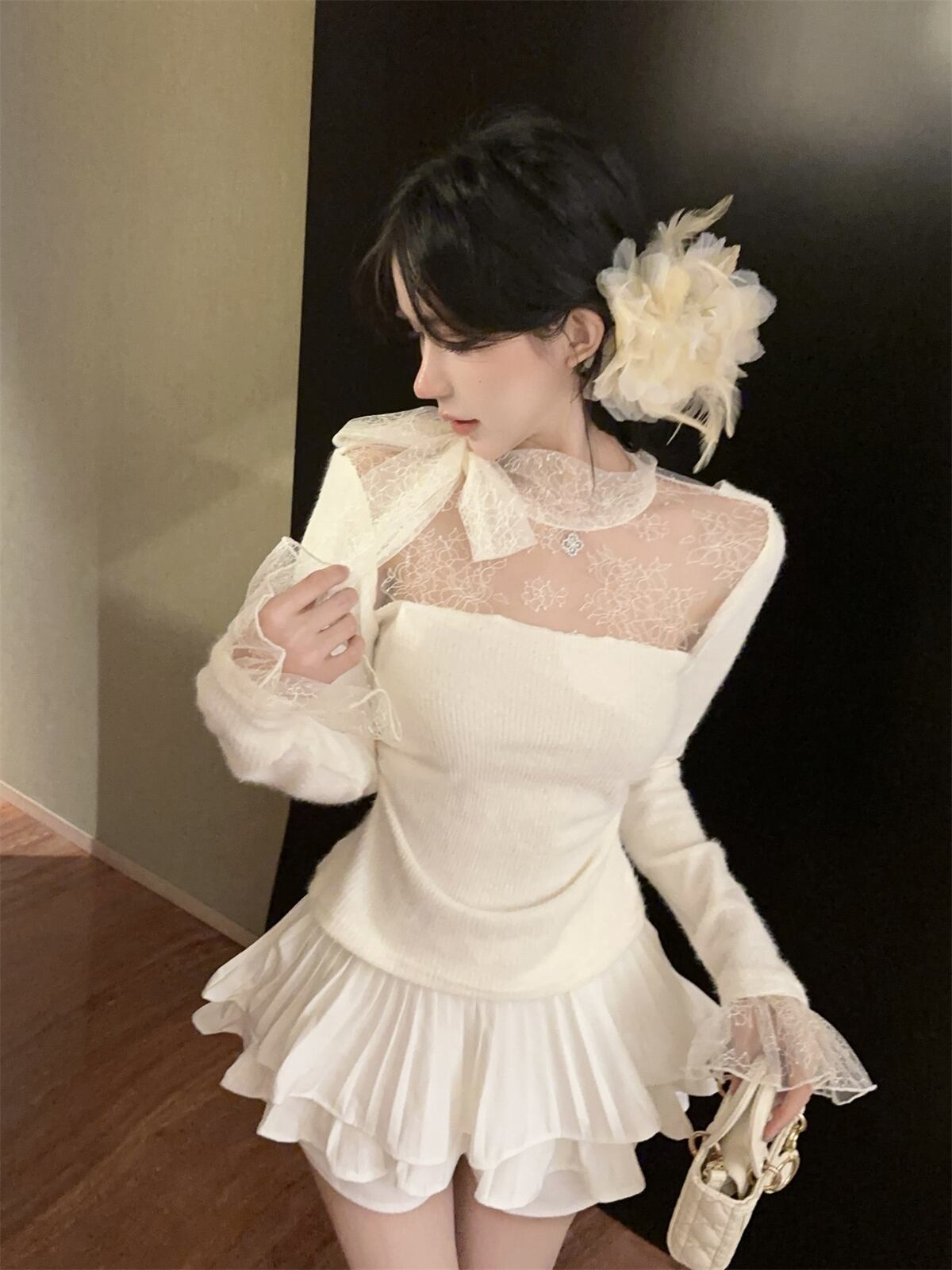 【tops】レースドッキングニットトップス　N2909