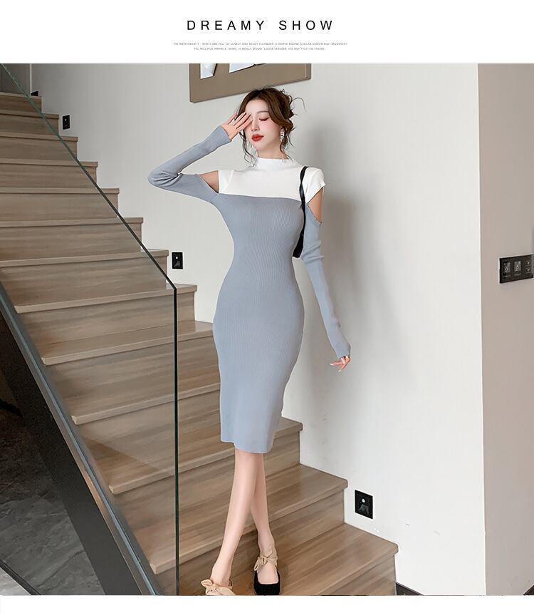 【dress】配色ドッキングオフショルダーニットワンピース　M18121