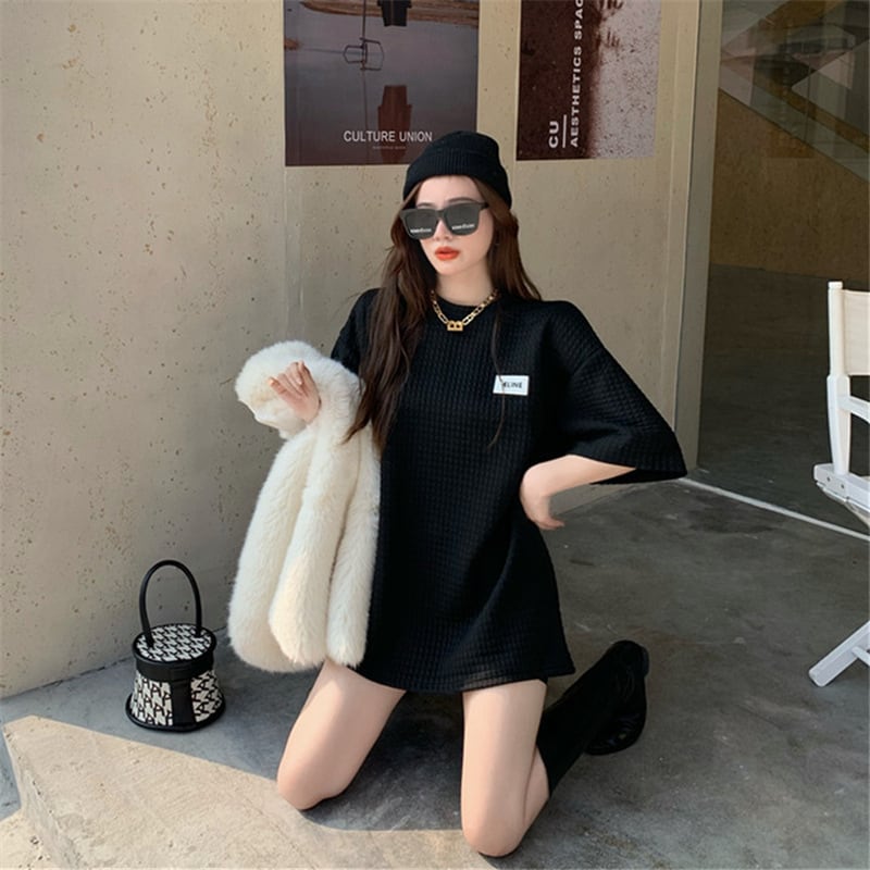 【tops】韓国ファッションINS風2色ラウンドネック半袖ゆったり着回しTシャツF0379