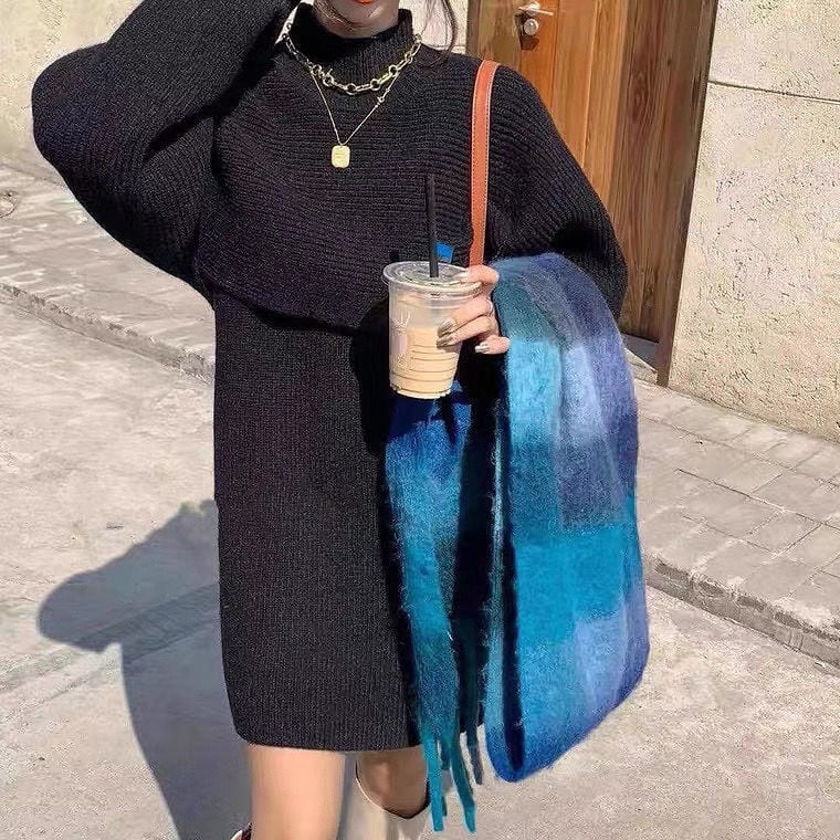 【set】2点セット無地パフスリーブセーター+体型カバーワンピース通勤日常ニットセットアップF0855