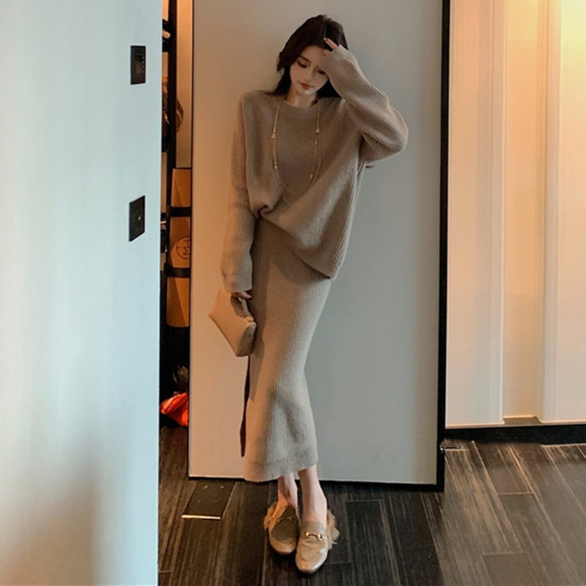 【set】バックスリットニットトップス×スカートセット　N2791