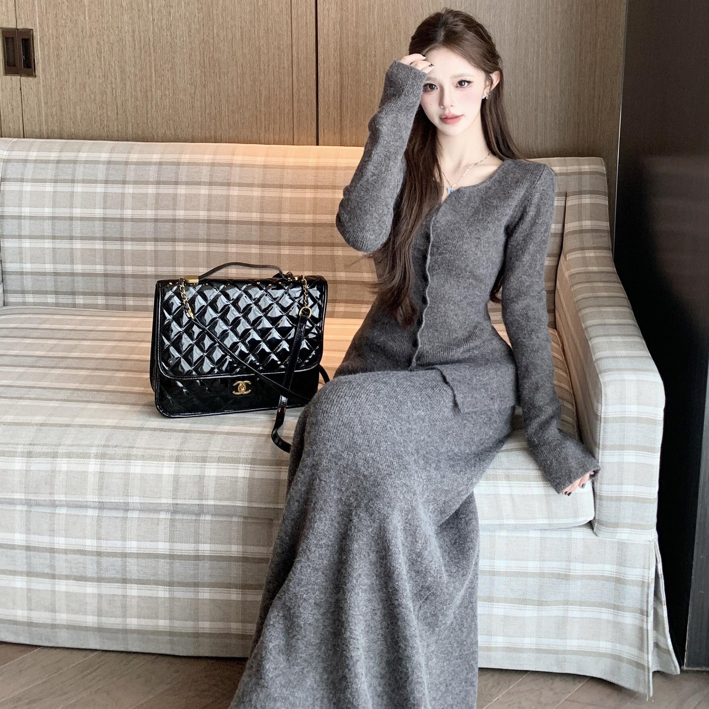 【set】Ⅴネックニットカーディガン×ロングスカートセット　N2764