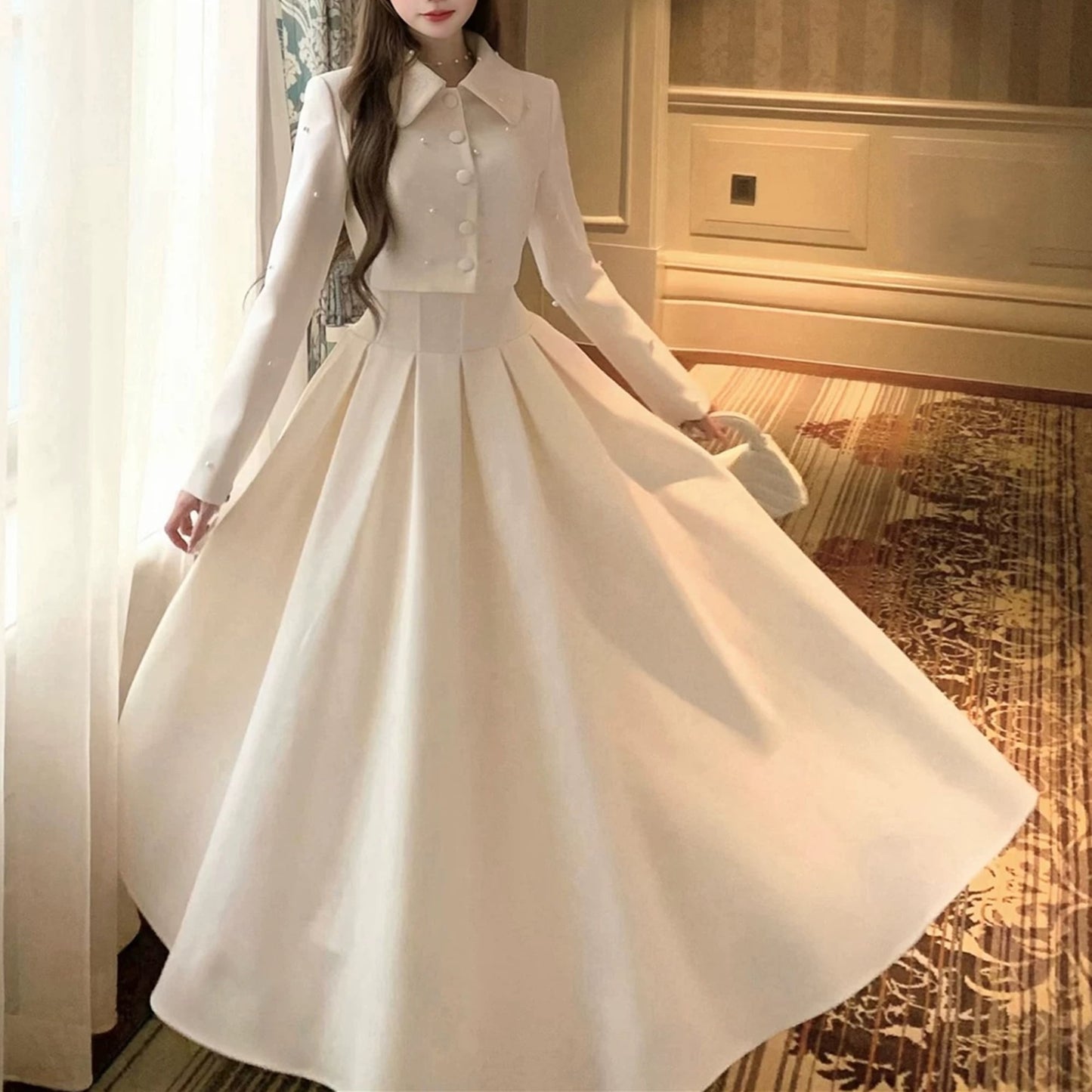 【set】パール付きショートジャケット×ロングスカートセット N3401