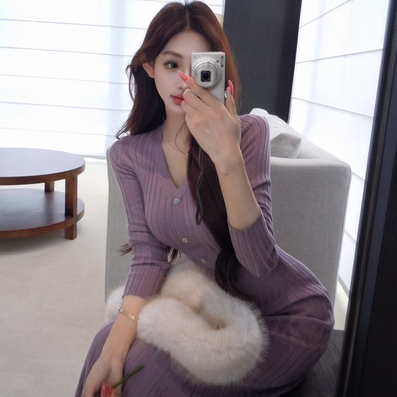 【dress】Vネックニットワンピース Q7651