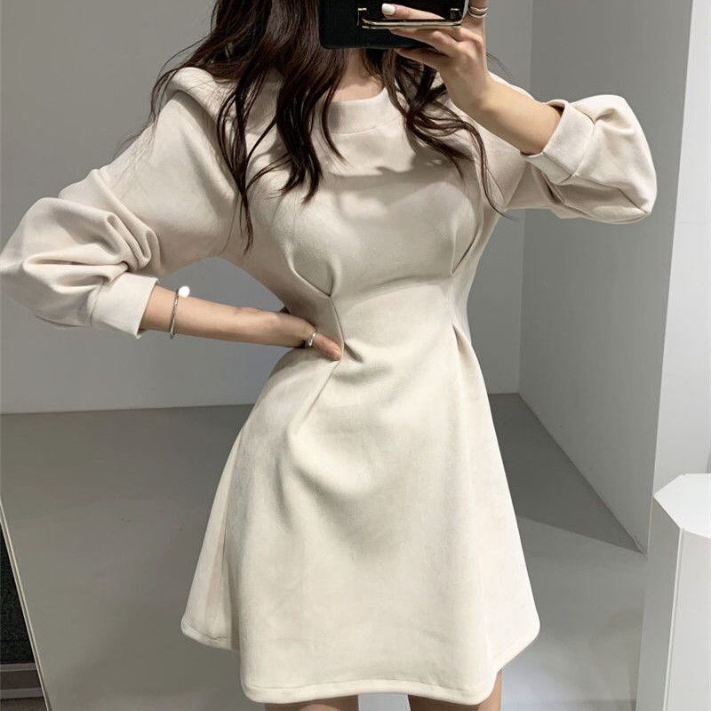 【dress】オシャレ度満点〜2色長袖ラウンドネックAライン韓国ファッション無地秋冬新作ワンピースF0786