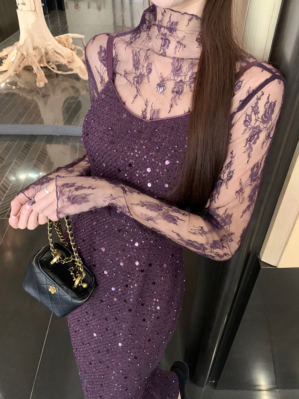 【set】レーストップス×スパンコールキャミワンピースセット　M29445