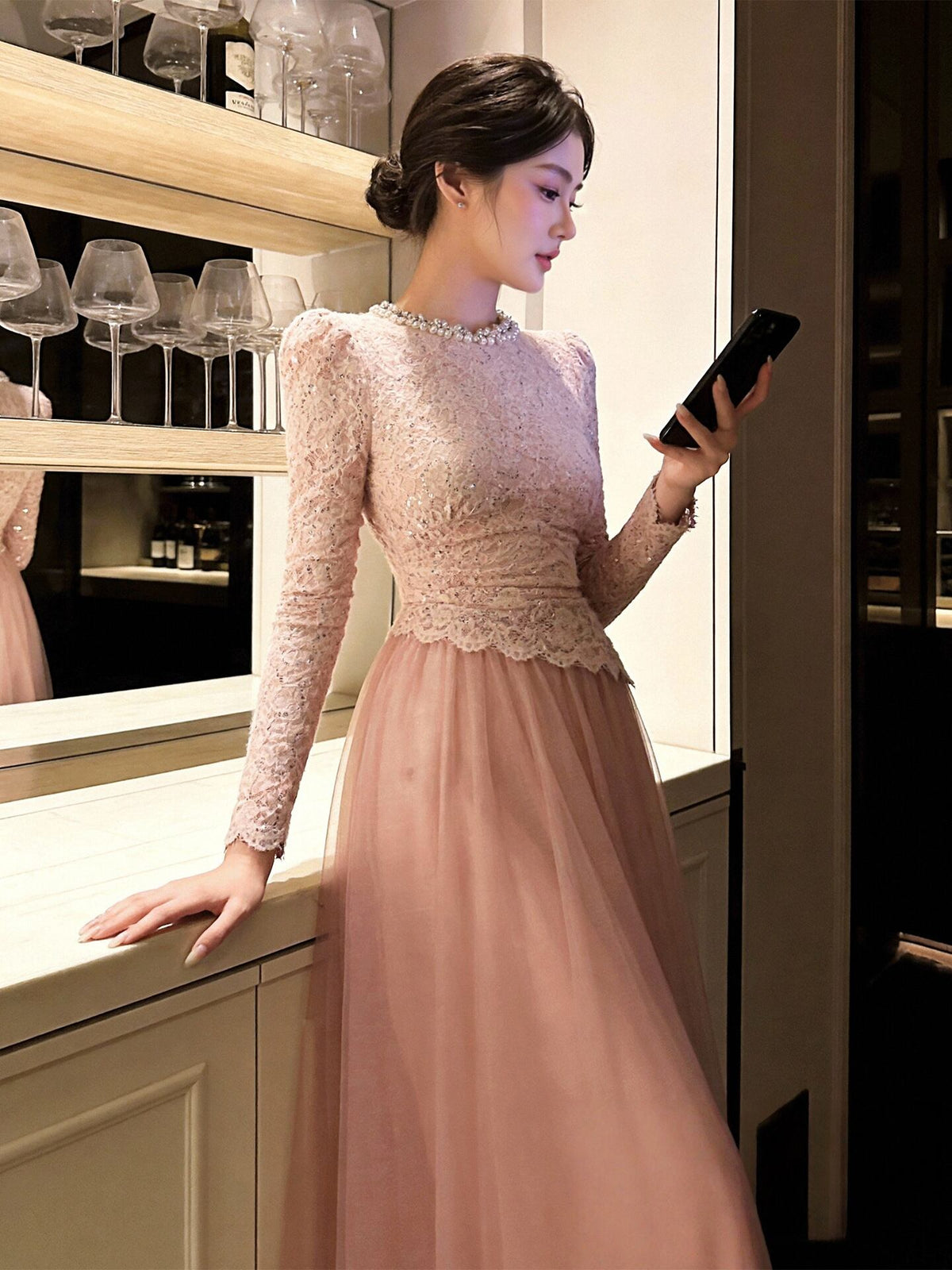 【dress】ビーズ付きレースドッキングワンピース Q8495