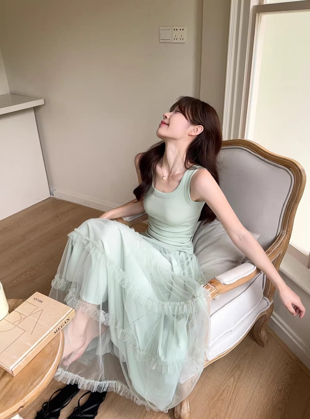 【set】キャミソール×シアーチュールロングティアードスカートセット Q8452