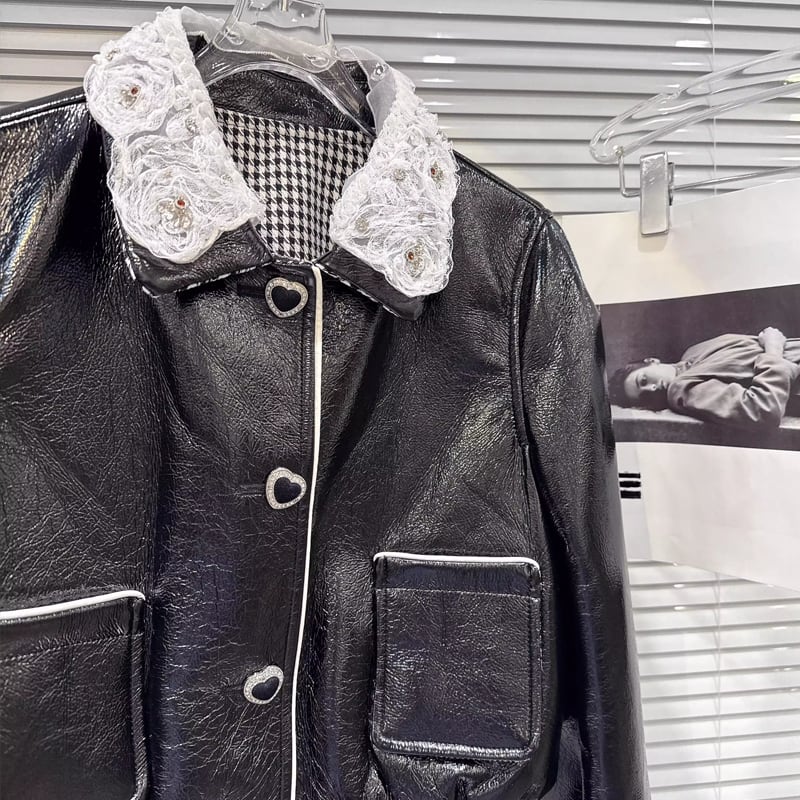 【outer】レースドッキングPUジャケット Q7334
