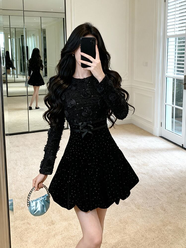 【dress】立体感バラベルベットワンピース Q7506