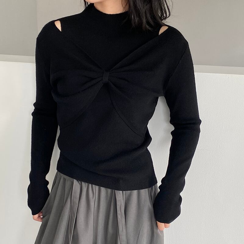 【tops】リボンフェイクレイヤードニットトップス Q7240