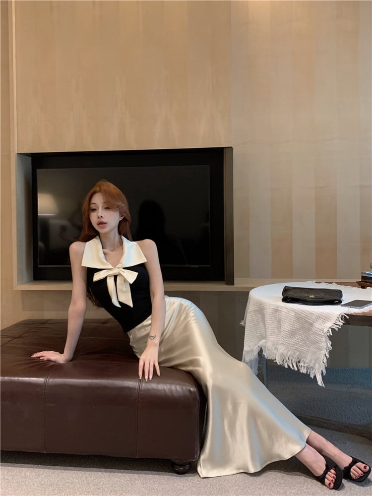 【set】リボン付きトップス×ロング丈スカートセット　M24316