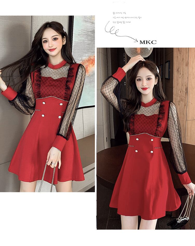 【dress】エレガント!気質満点レトロ切り替え長袖体型カバー着痩せ春フランス風ワンピース G5325