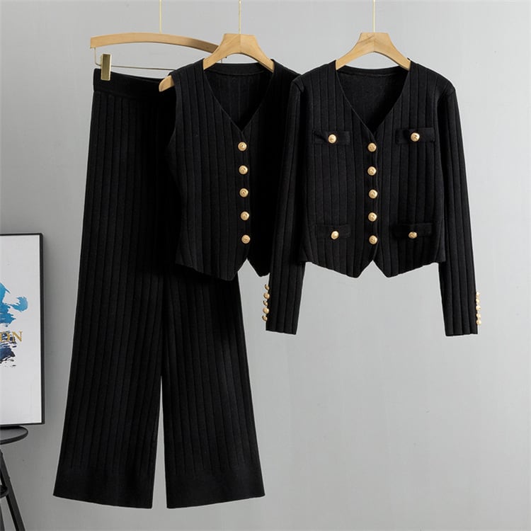 【set】ニットカーデ×ベスト×ワイドパンツセット　M26239