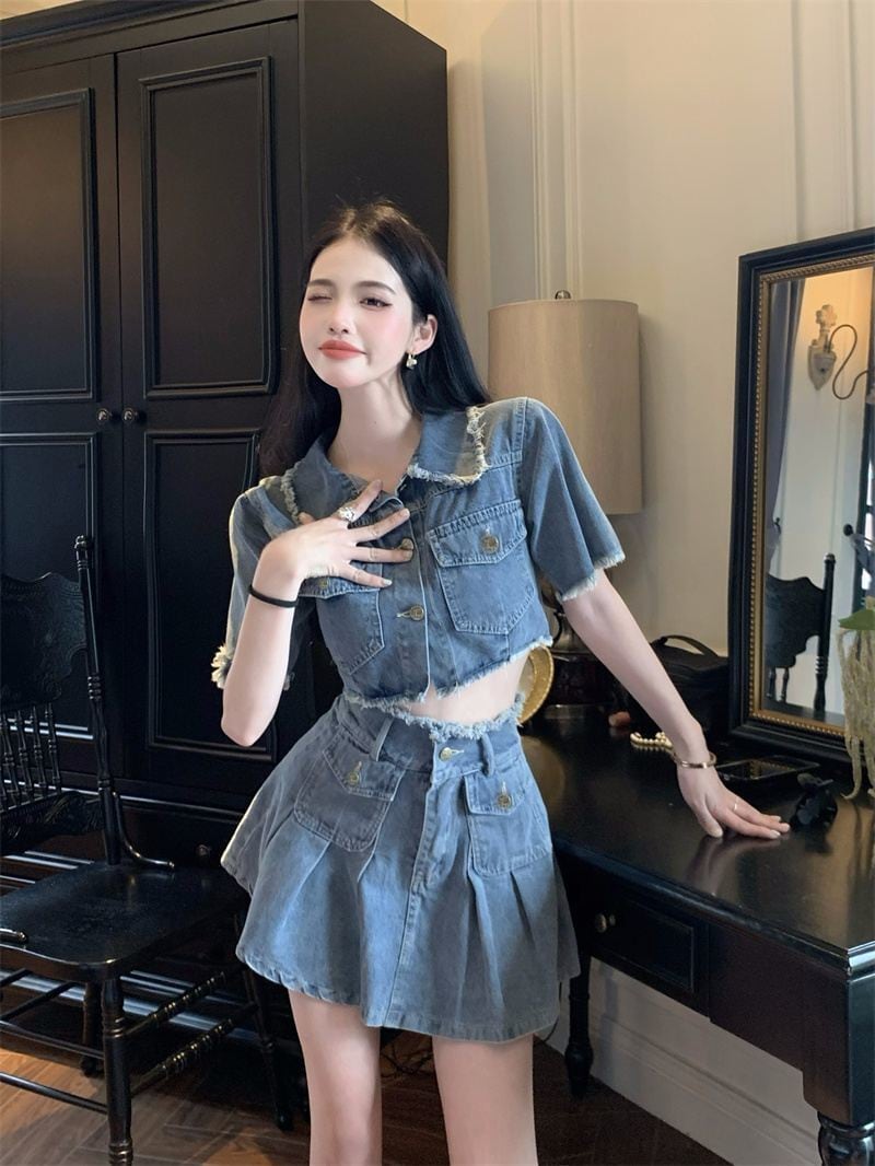 【set】半袖ジャケット+スカートデニム2点セットF7529