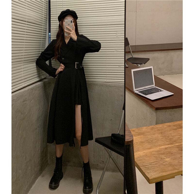 【dress】今季も大流行!気質満点長袖デザインスリットハイウエストワンピース G1758