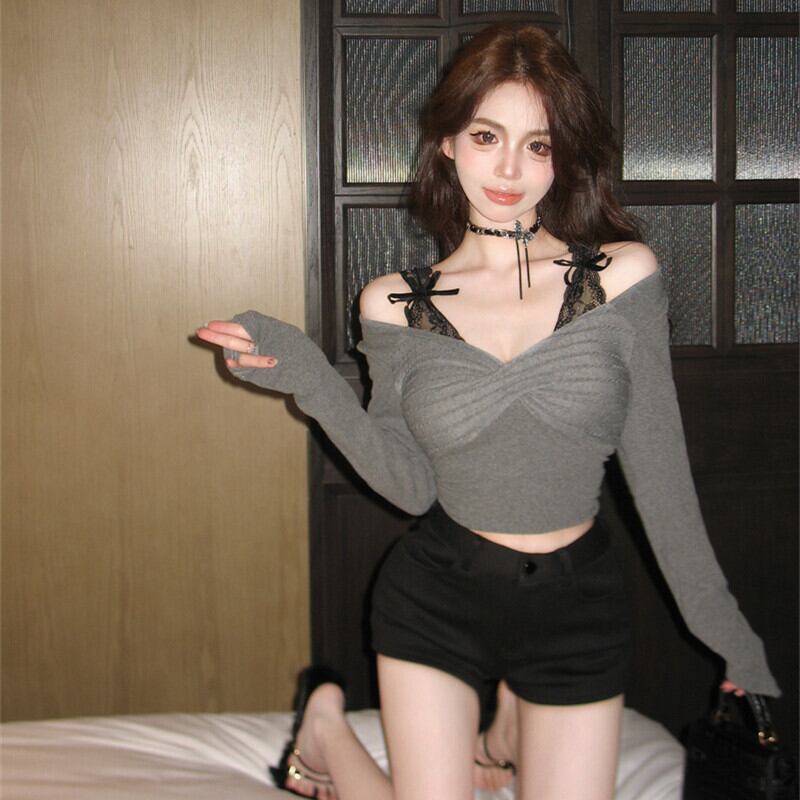 【tops】Vネックレース切り替えトップス　M27645