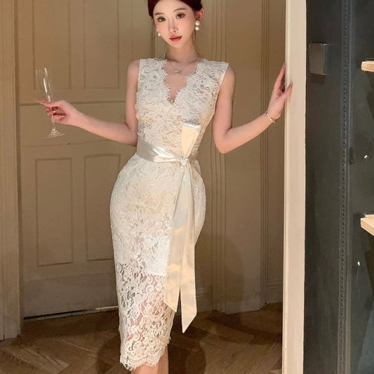 【dress】Vネックレースタイトワンピース G21008