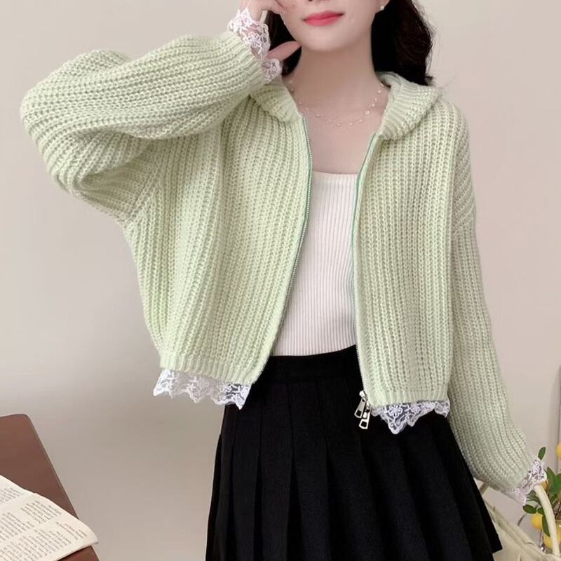 【outer】フード付きレースドッキングニットカーディガン Q7433