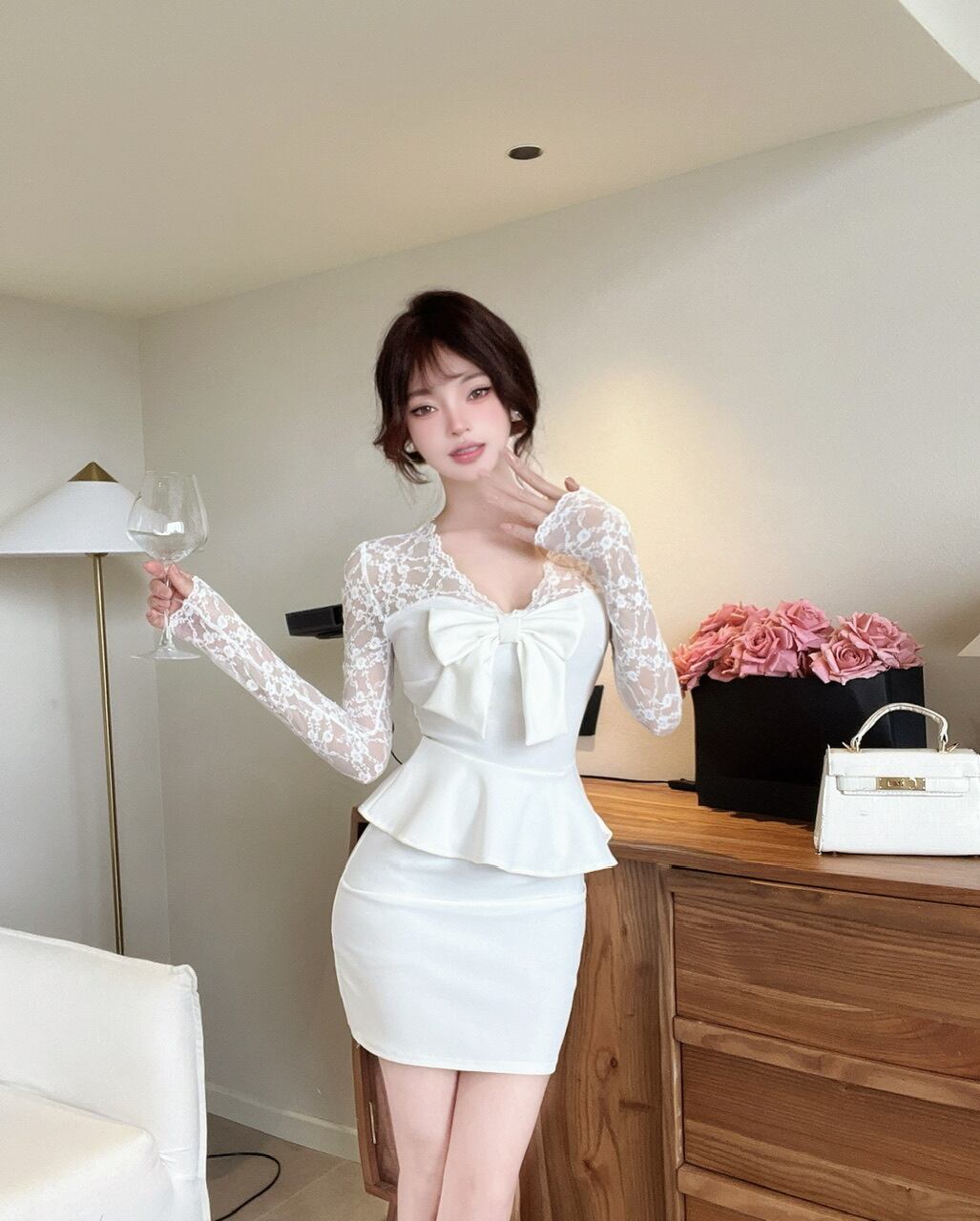 【dress】レース切り替えリボン付きワンピース　M27379