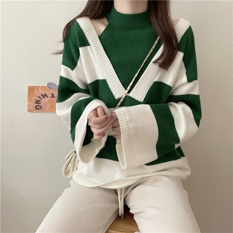 【tops】オフショルダーストライプ柄ニットG17450