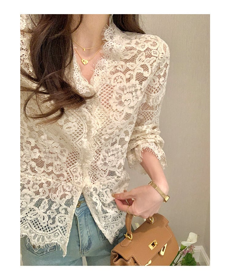 【tops】VネックレースブラウスF7091