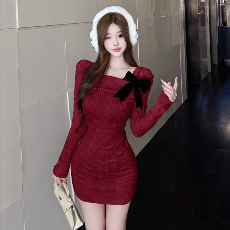 【dress】リボン付きスクエアネックニットワンピース Q7461