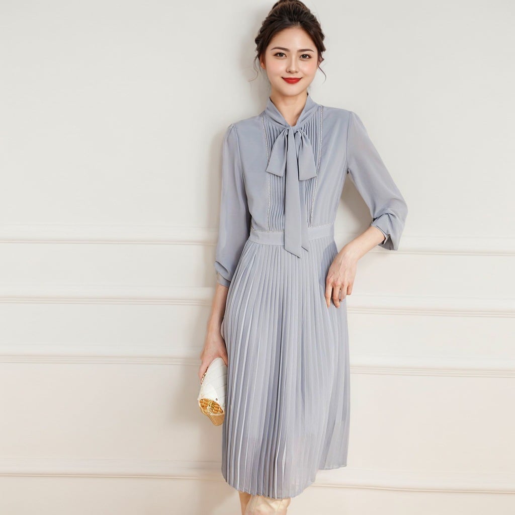 【dress】プリーツリボン付きワンピース　M29679