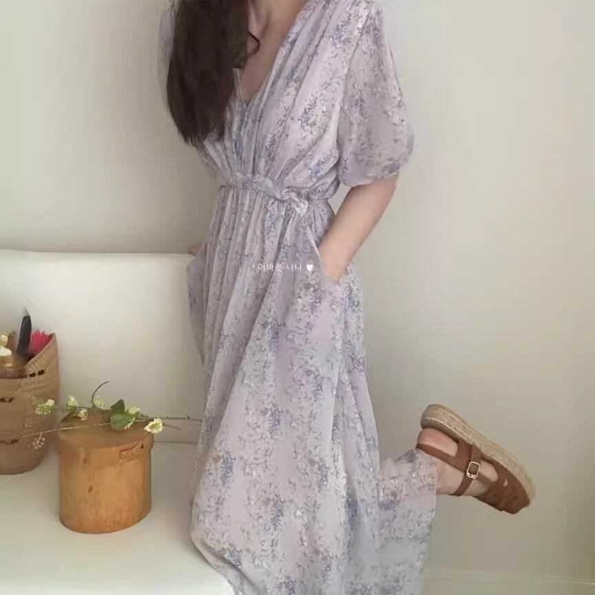 【dress】Vネック花柄パフスリーブワンピース G20746