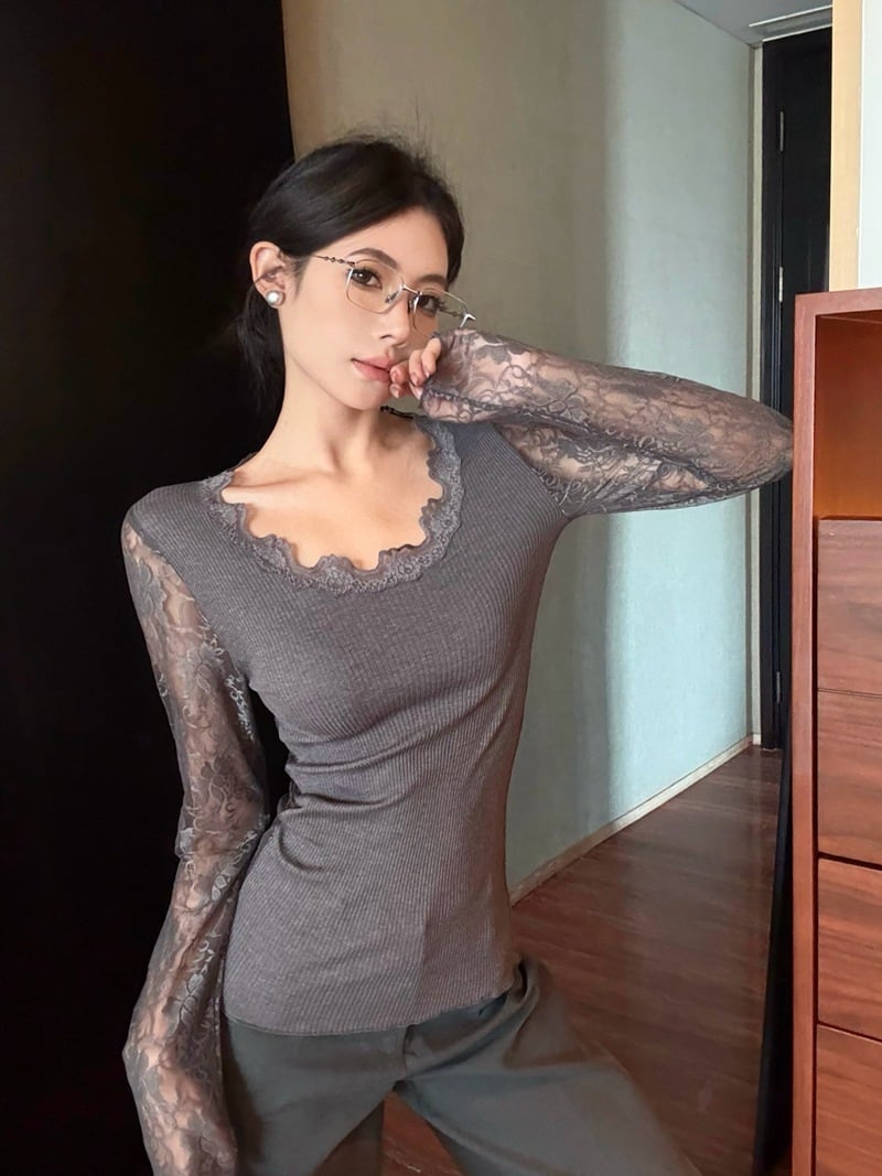 【tops】レース切り替えニットトップス　M27945
