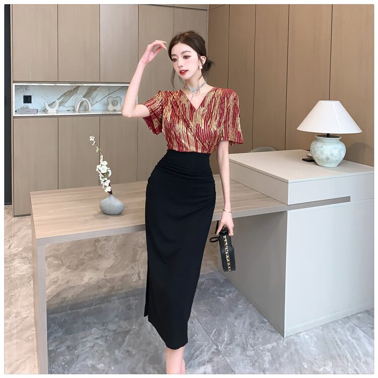 【dress】Vネック切り替えスリットワンピース G21104