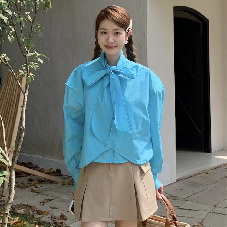 【tops】リボン付きシャツブラウス　M29818