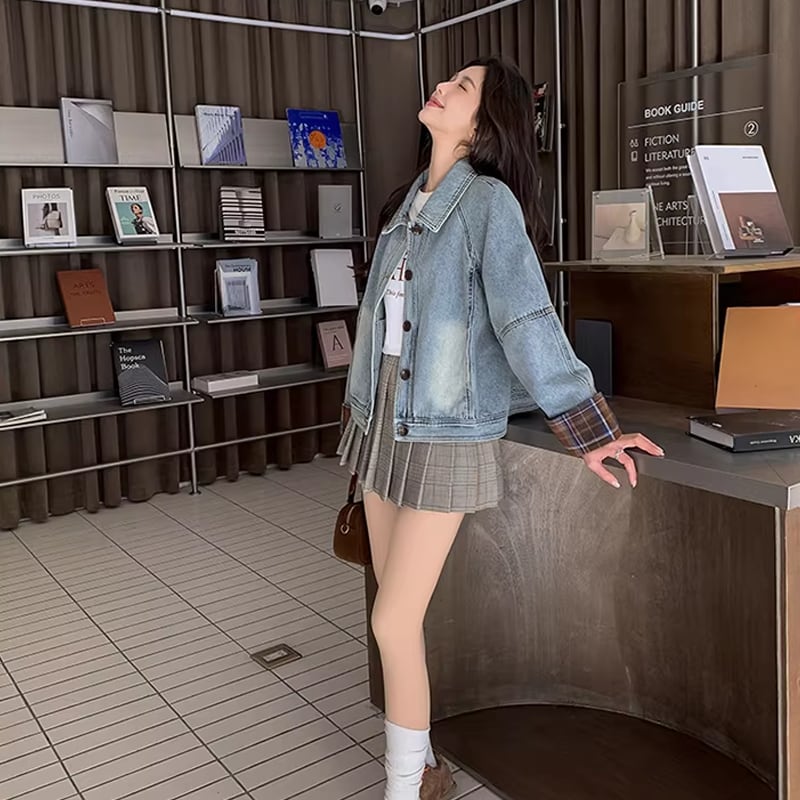 【outer】チェック柄ドッキングデニムジャケット Q8231