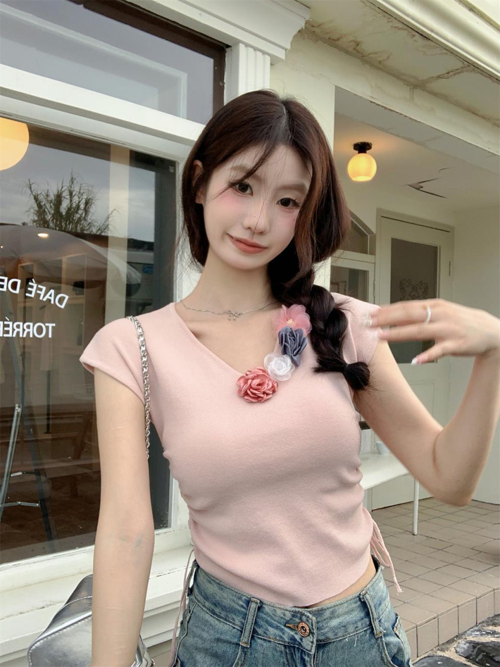 【tops】立体フラワーニットTシャツ　M24271